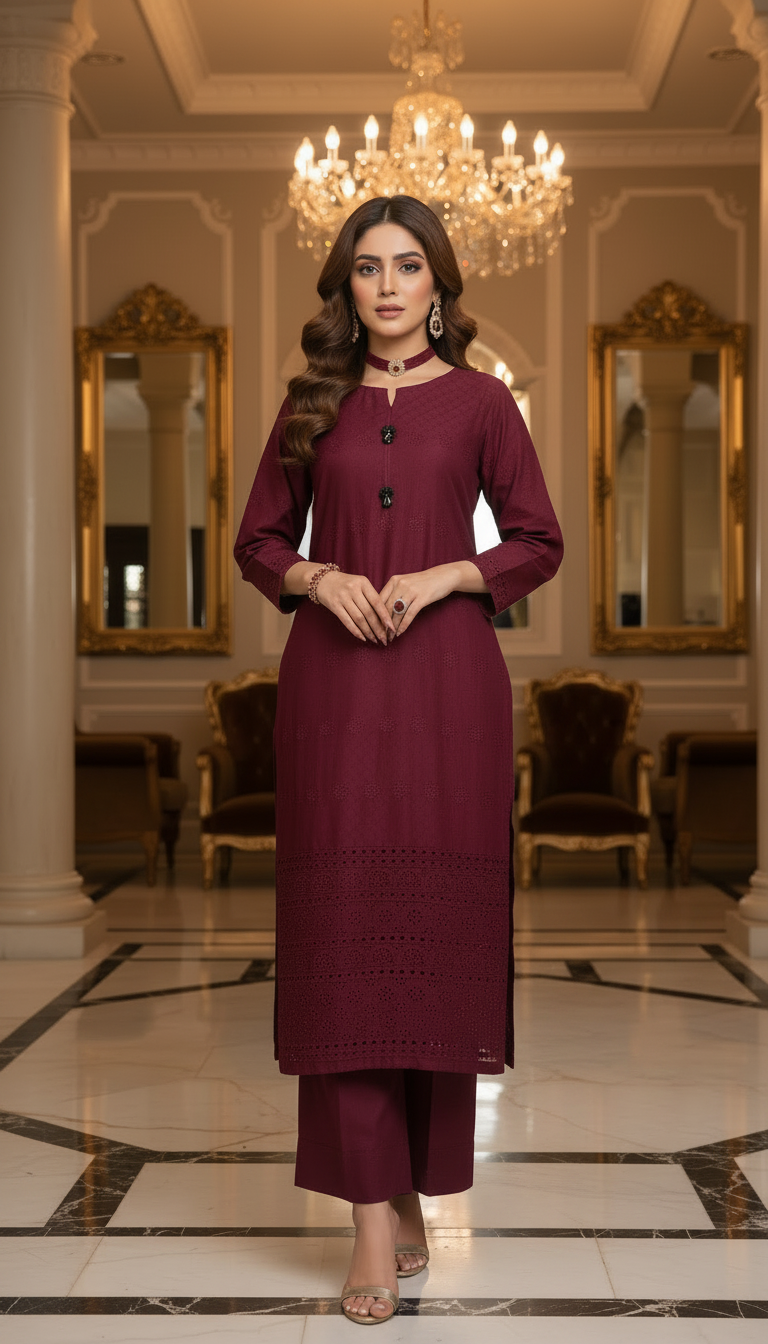 Taiba Maroon Ready to Wear 3 Pcs Chikankari Embroidered Dress