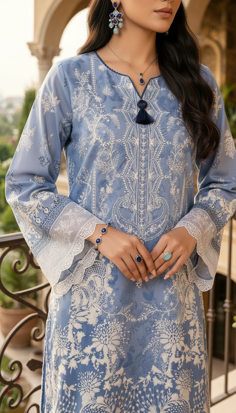 Aqua Deep Ready to Wear 2 Pcs Linen Embroidered Dress