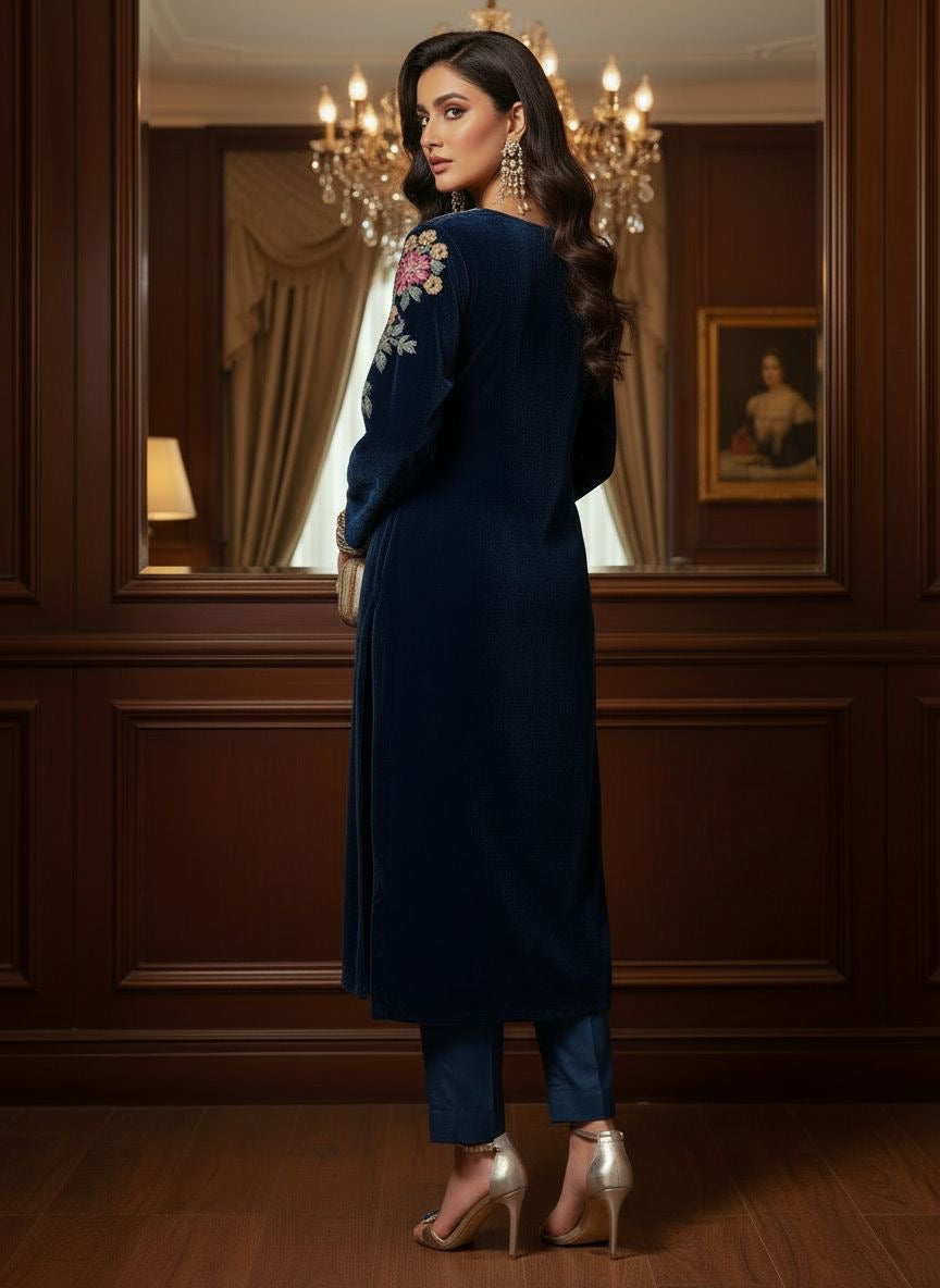 Haniya Teal Velvet Embroidered 2 Pcs Dress