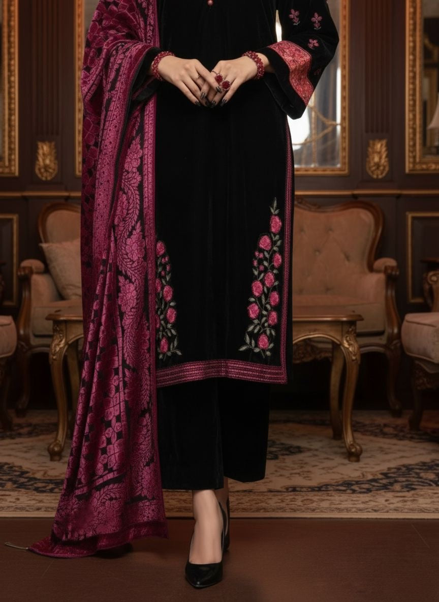 Chandan Ready to Wear 3 Pcs Velvet Embroidered dress with Palachi Shawl