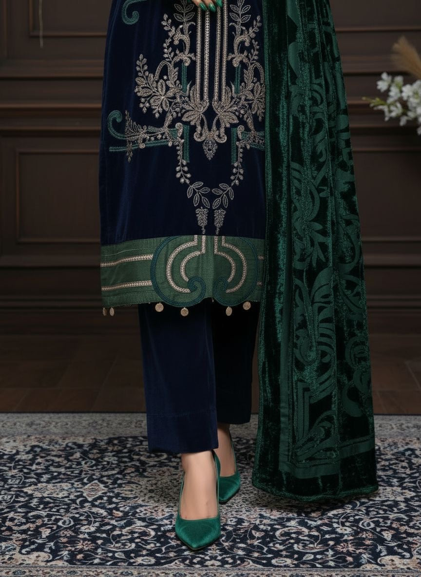 Khushbakht Velvet Ready to Wear 3 Pcs Embroidered Dress