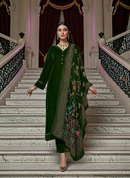 Shahkar Green Velvet Ready to Wear 3 Pcs Collection with Velvet Shawl