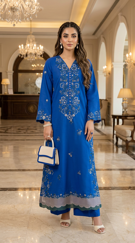 Rena Blue Ready to Wear 2 Pcs Embroidered Dress
