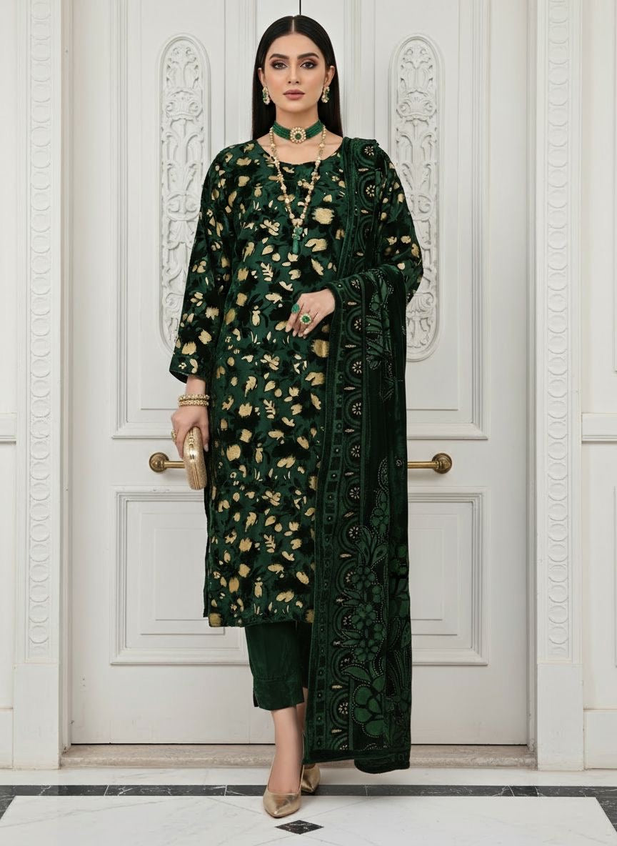 Full Green Palachi Velvet Dress with Palachi Shawl and Velvet Trouser