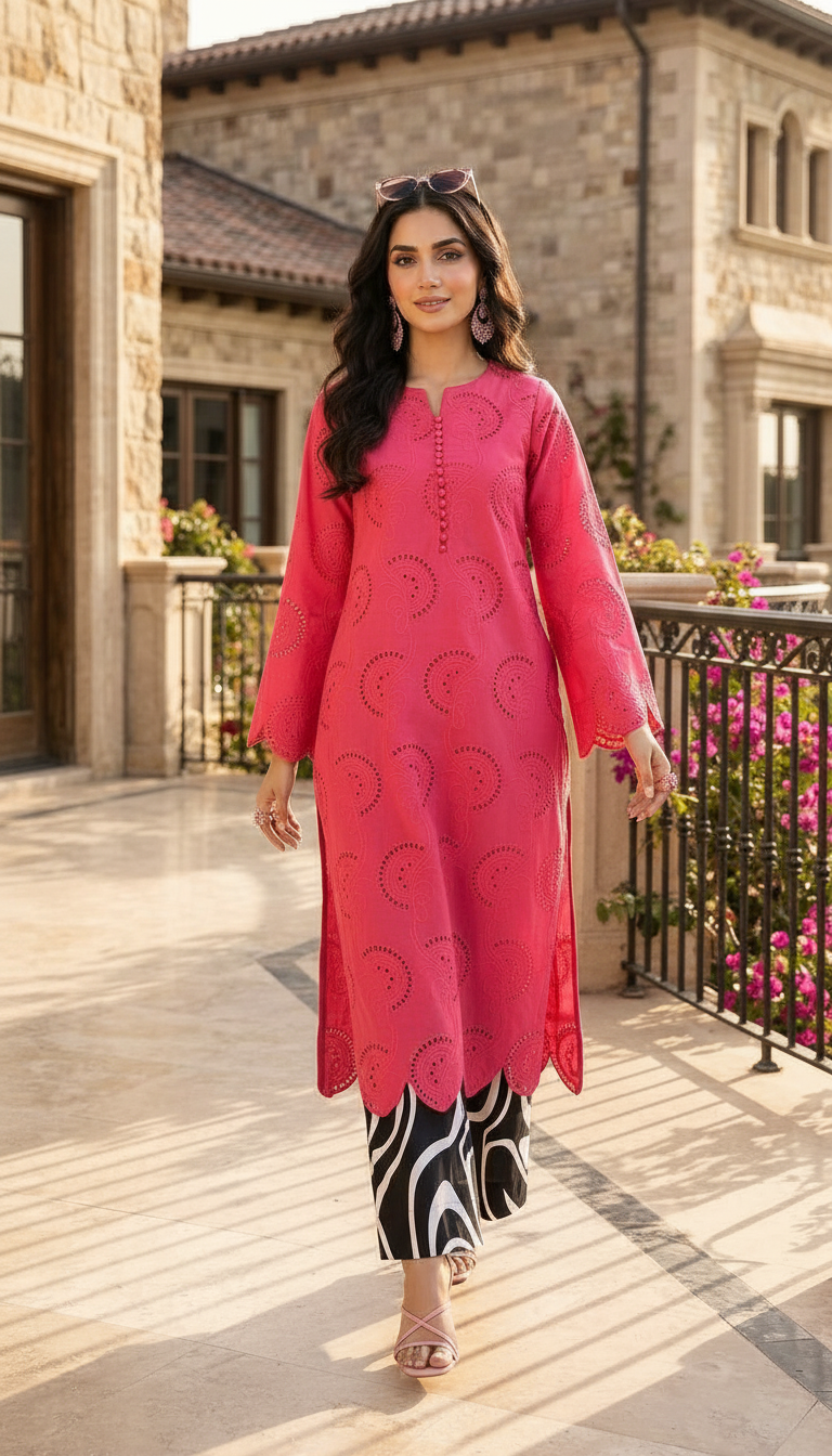 Red Chikankari Ready to Wear 2 Pcs Dress