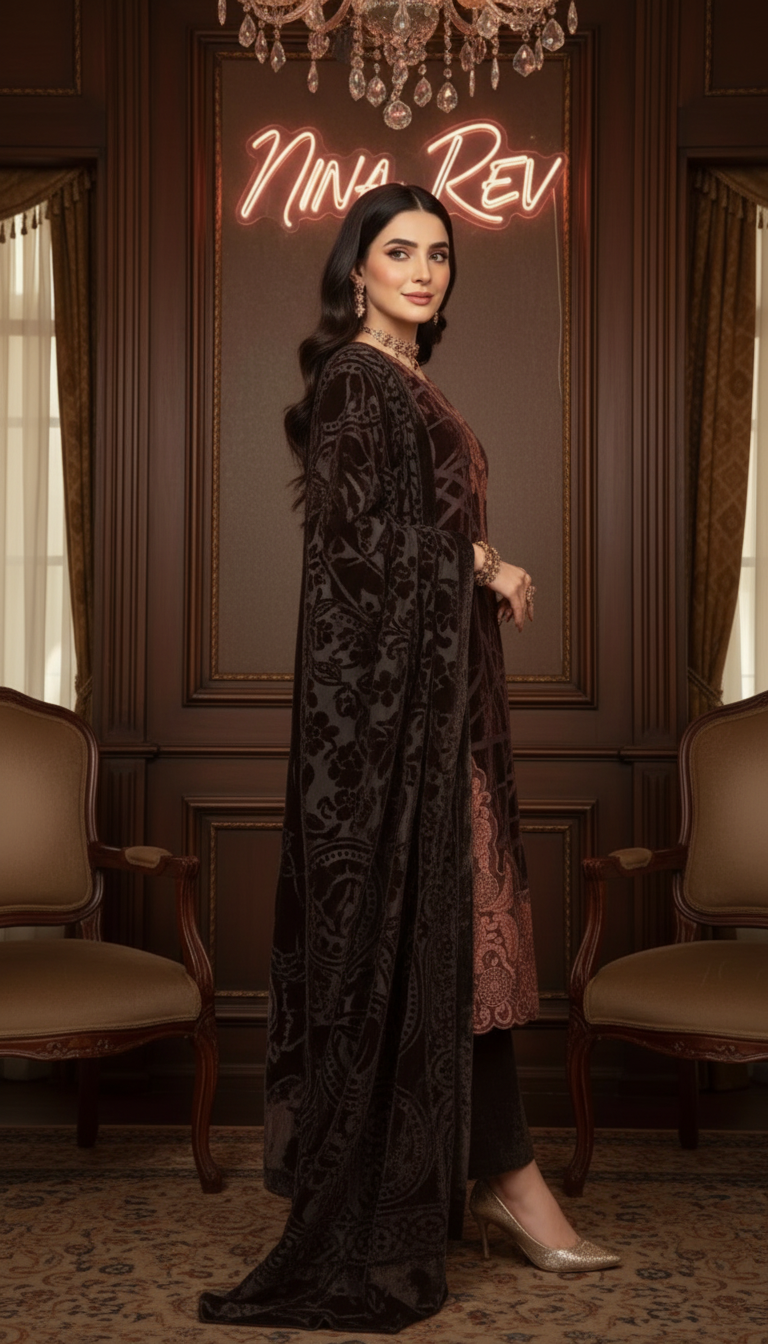 Lyra Brown French Velvet Embroidered 3 Pcs Dress with Palachi shawl