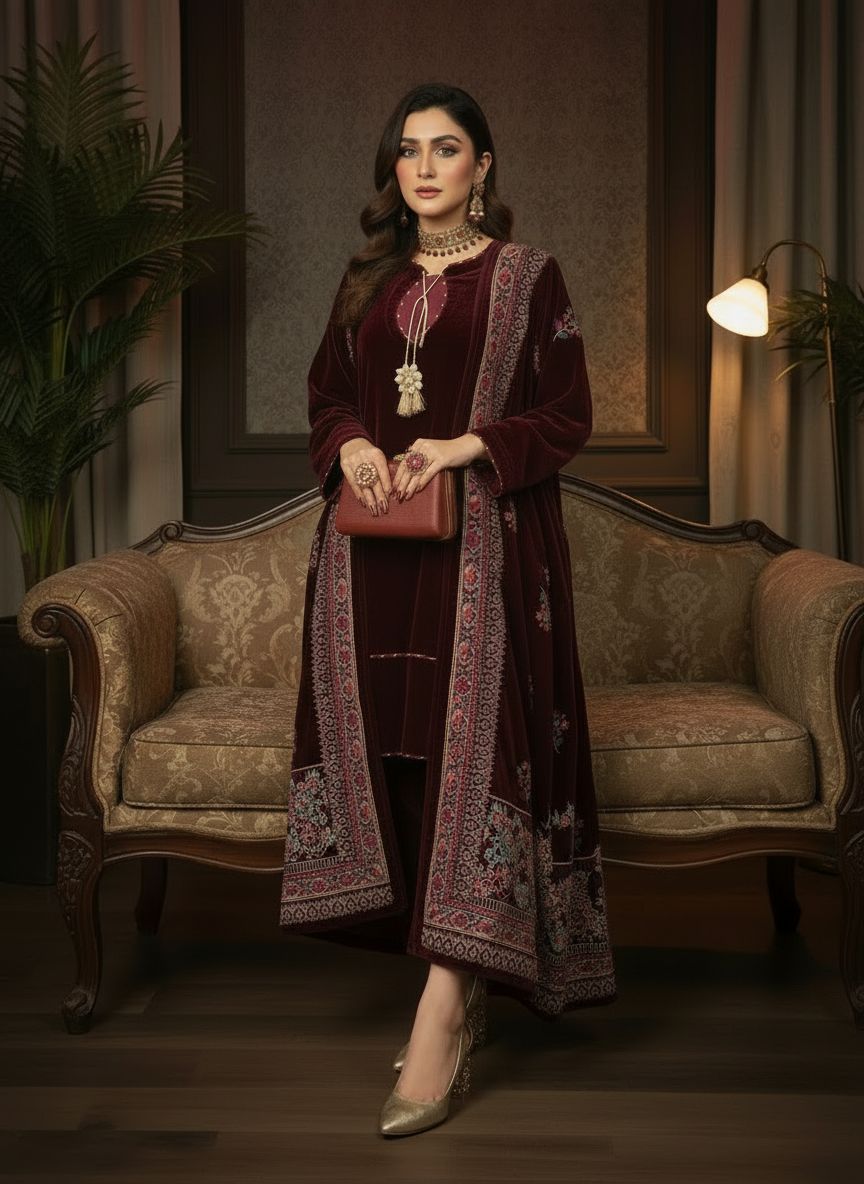 Lajwanti Maroon velvet Ready to Wear Dress with Velvet Shawl