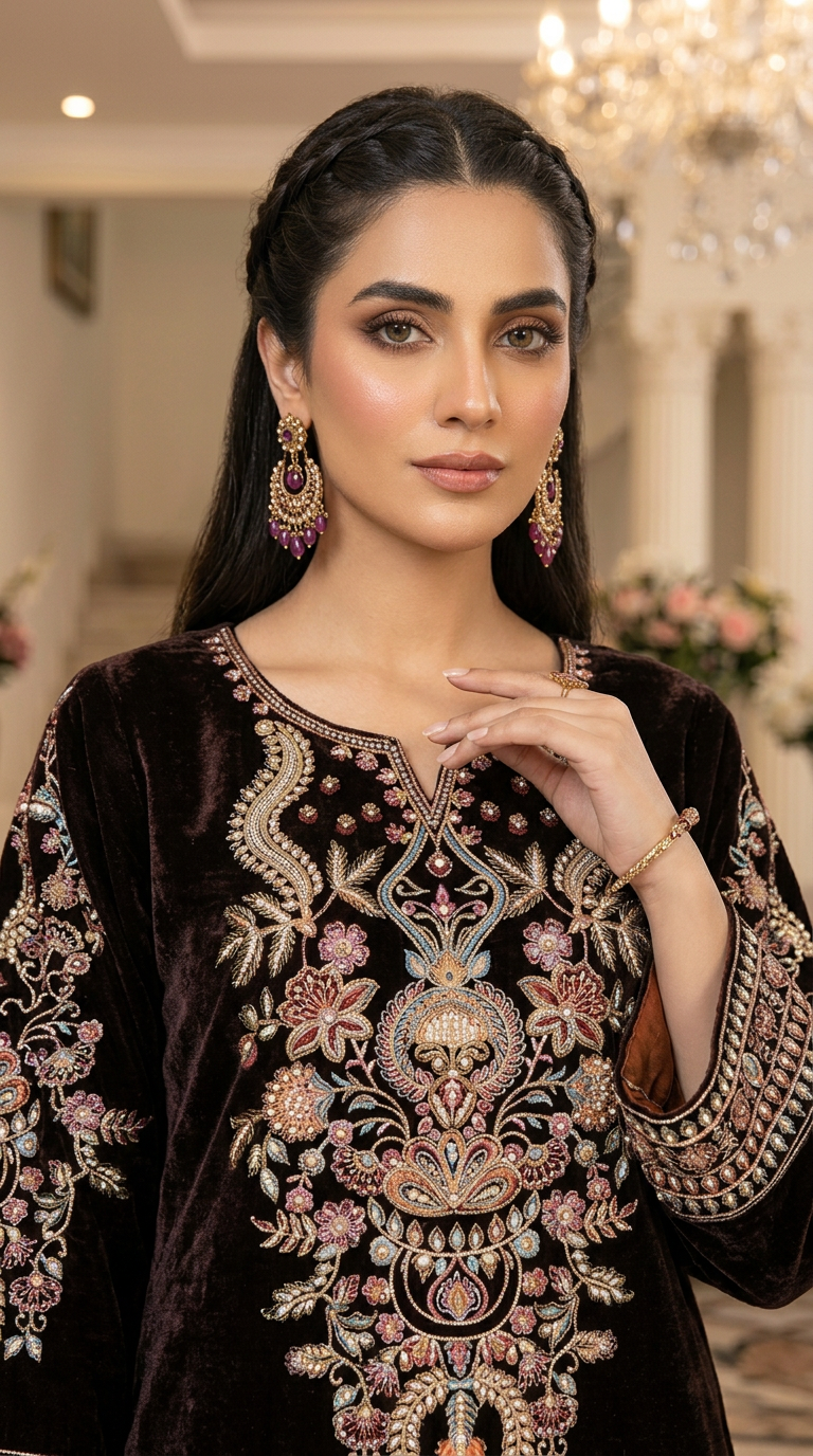 Reema Brown Velvet Fully Embroidered 2 Pcs Dress