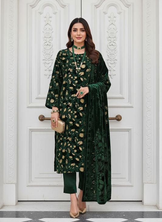 Full Green Palachi Velvet Dress with Palachi Shawl and Velvet Trouser