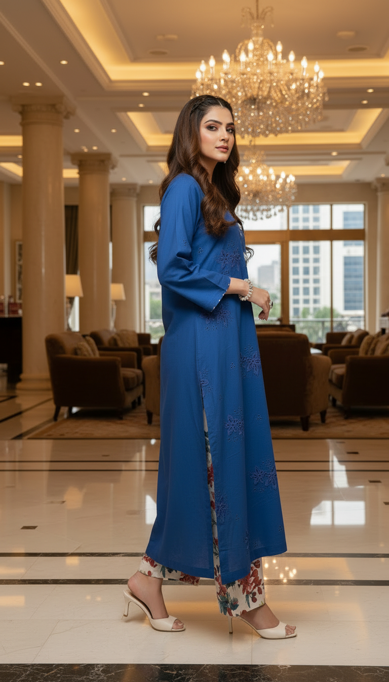 Zimir Royal Blue Chikankari Ready to Wear 2 Pcs Dress