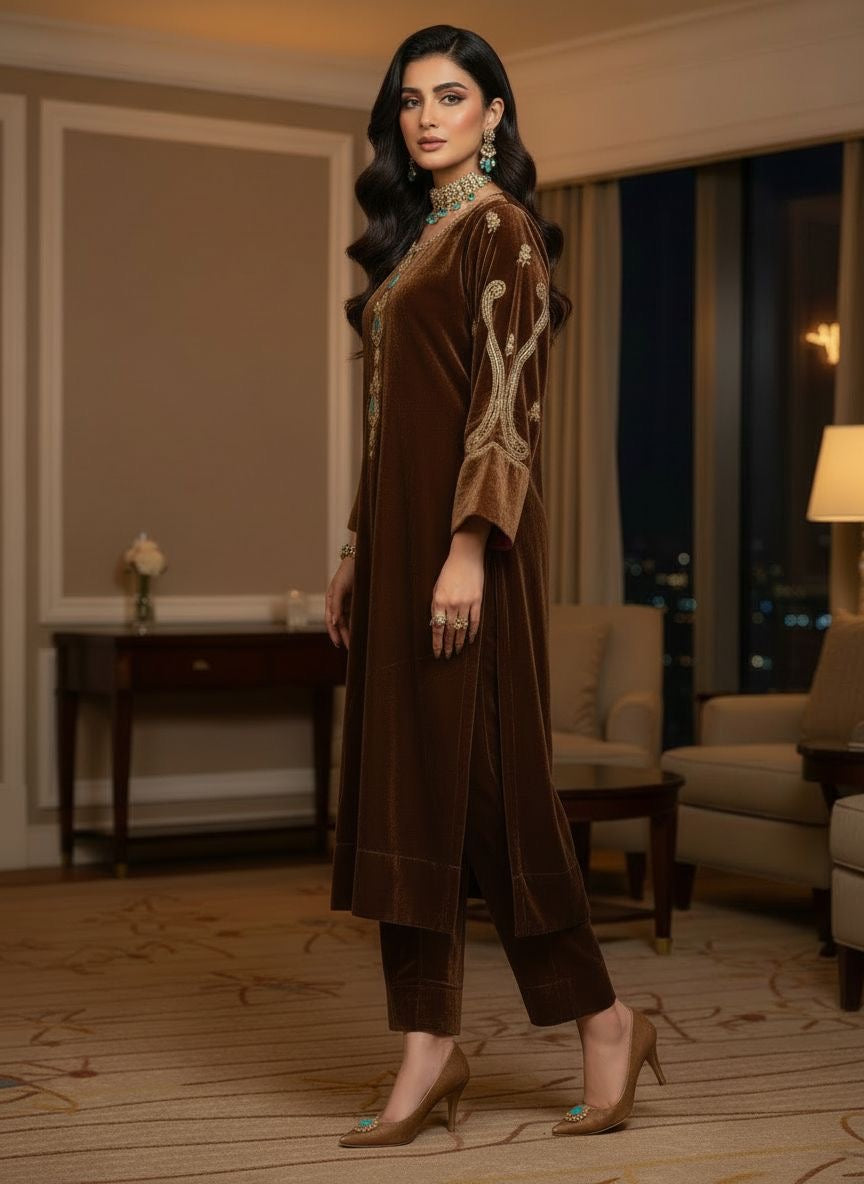 Nurbano Brown Velvet Embroidered 2 Pcs Dress