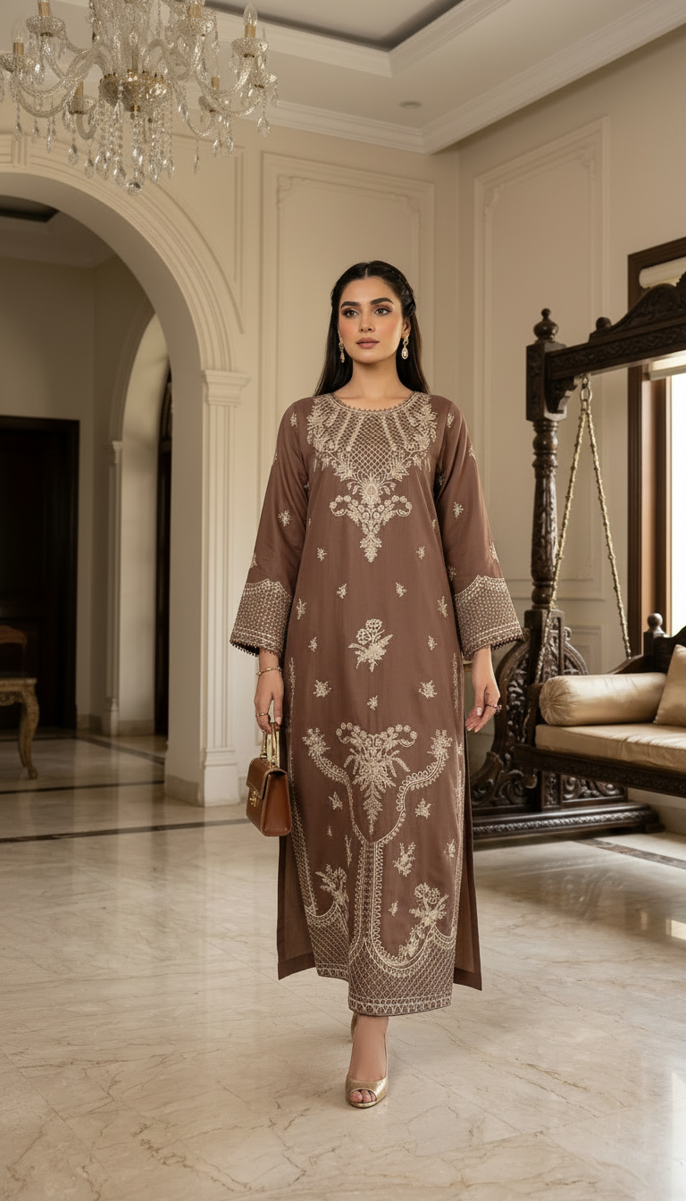 Nisa Dusty Pink Fully Embroidered 2 Pcs Viscose Kaftan