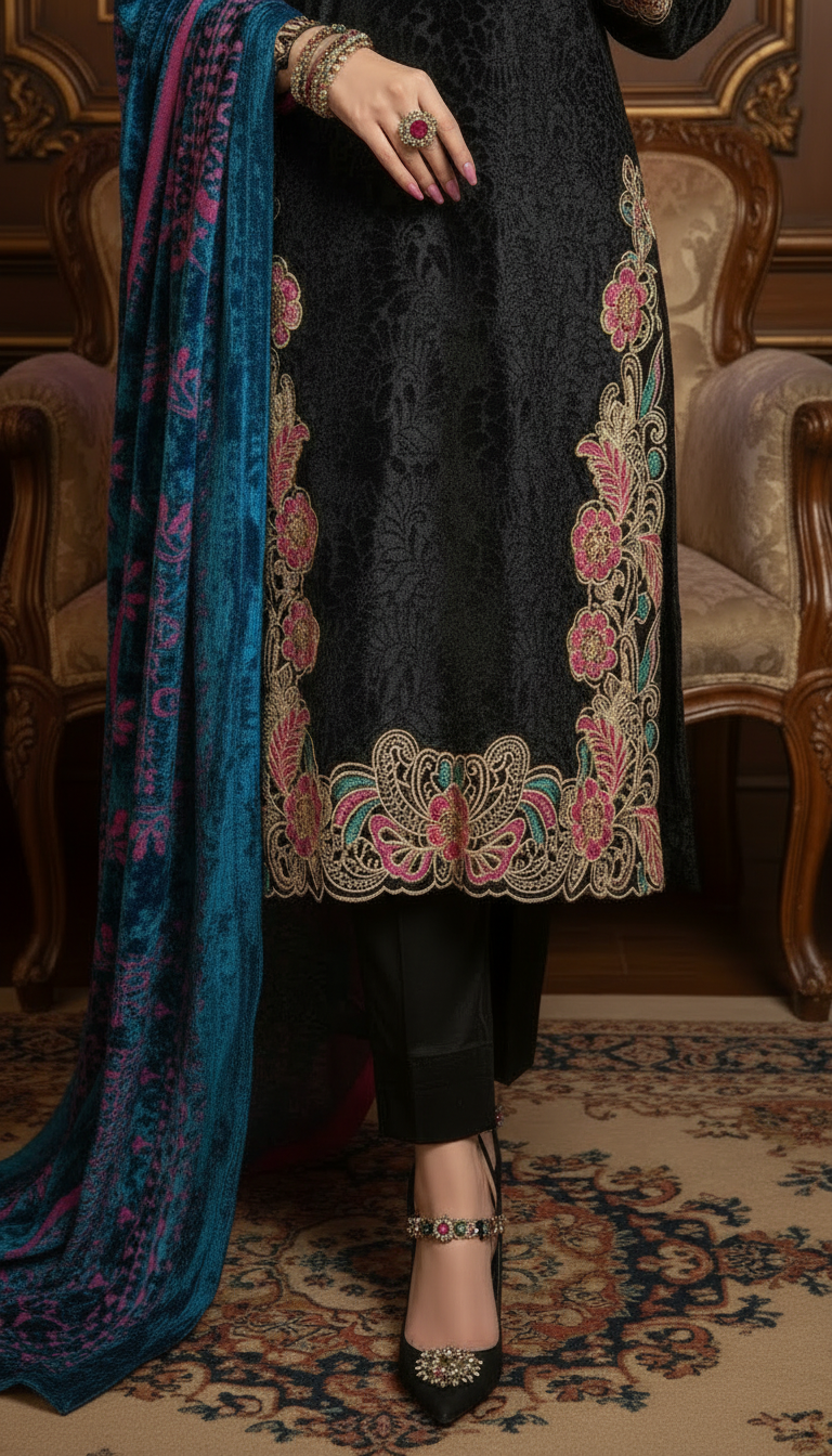 Akbari Black Velvet 3 pcs Embroidered Dress with Shawl