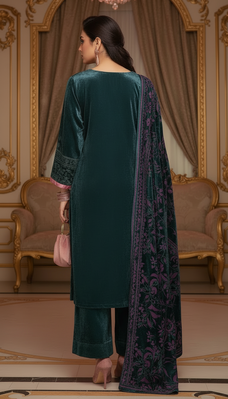Dina French Velvet Grey Ready to Wear Dress with Palachi Shawl