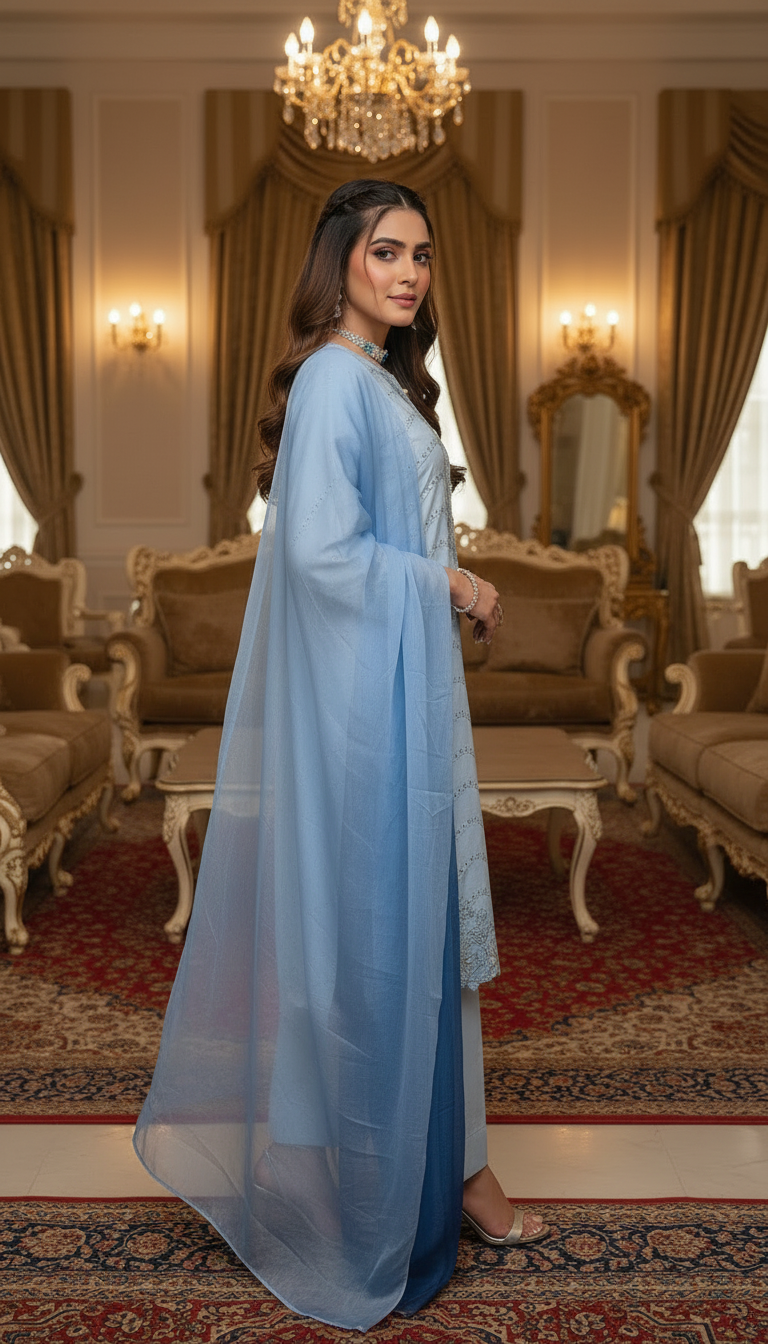 Sky Blue Chikankari Ready to Wear 3 Pcs Embroidered Dress