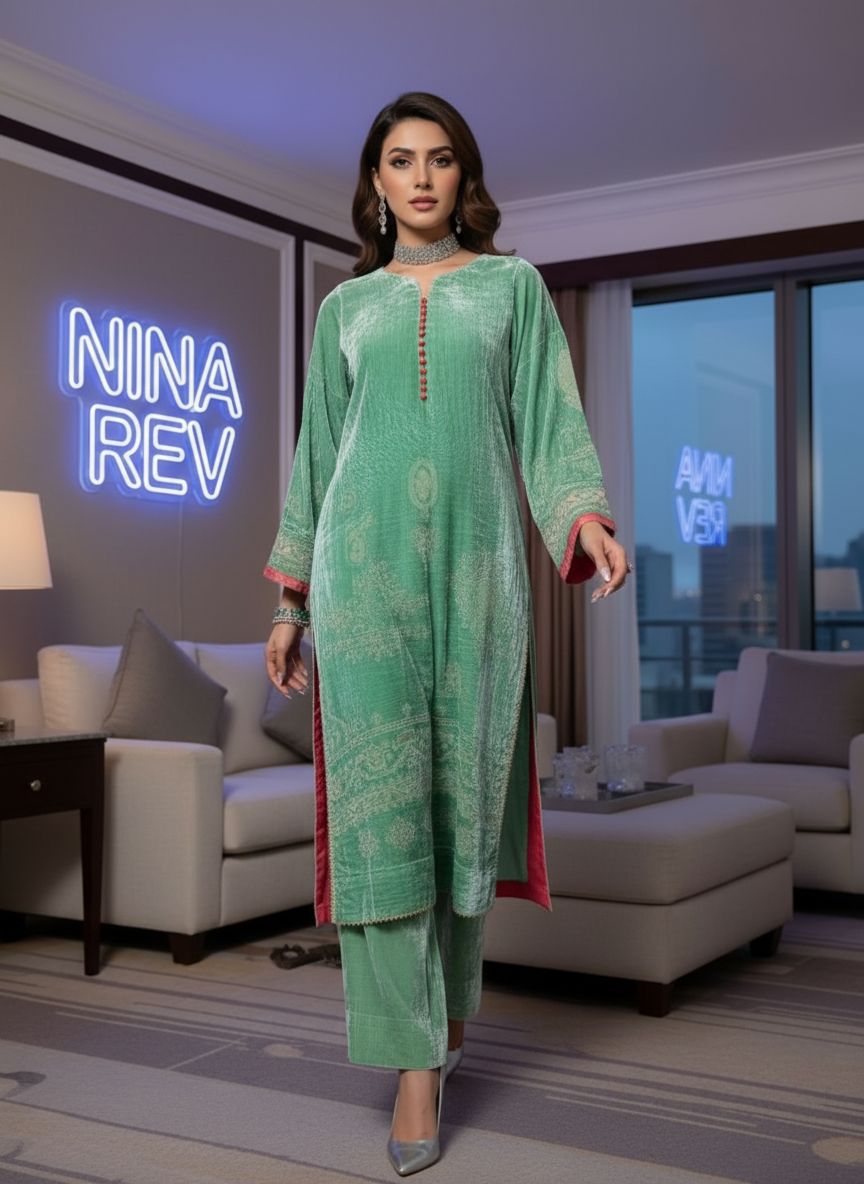 Pistachio French Velvet 2 Pcs Dress with Palachi Work