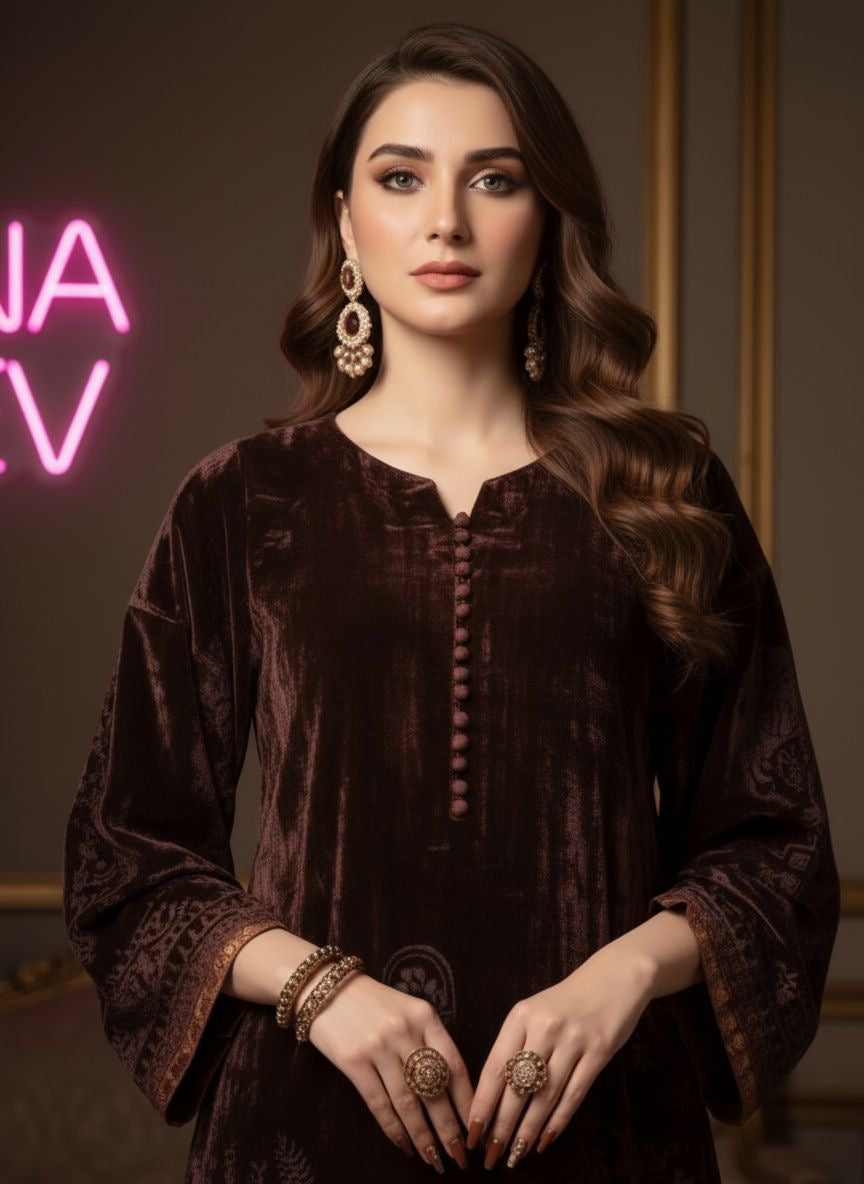 Reema Brown French Velvet 2 Pcs Dress with Palachi work