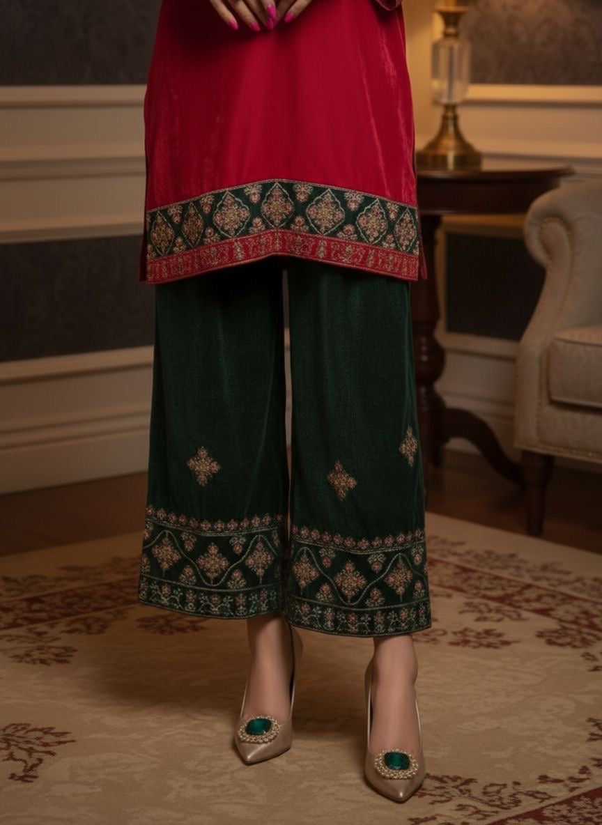 Laajh Red Velvet Ready to Wear 3 Pcs Embroidered Dress