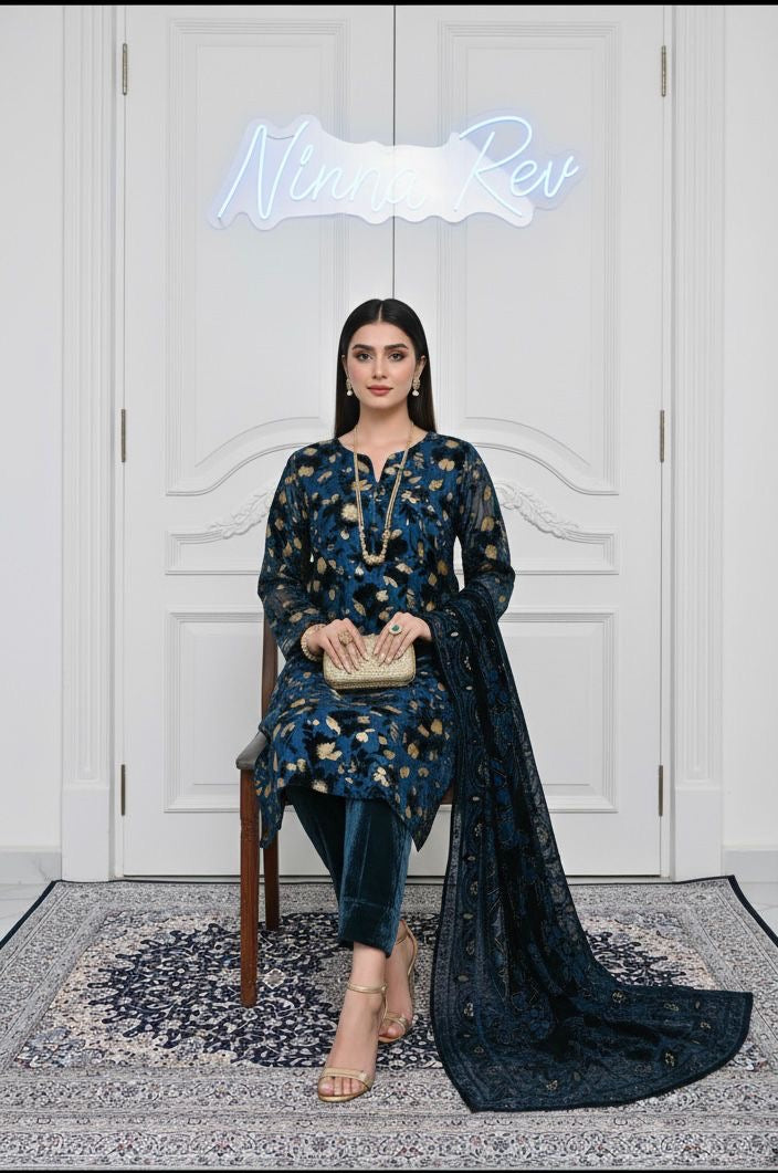 Full Teal Palachi Ready to Wear 3 Pcs Dress