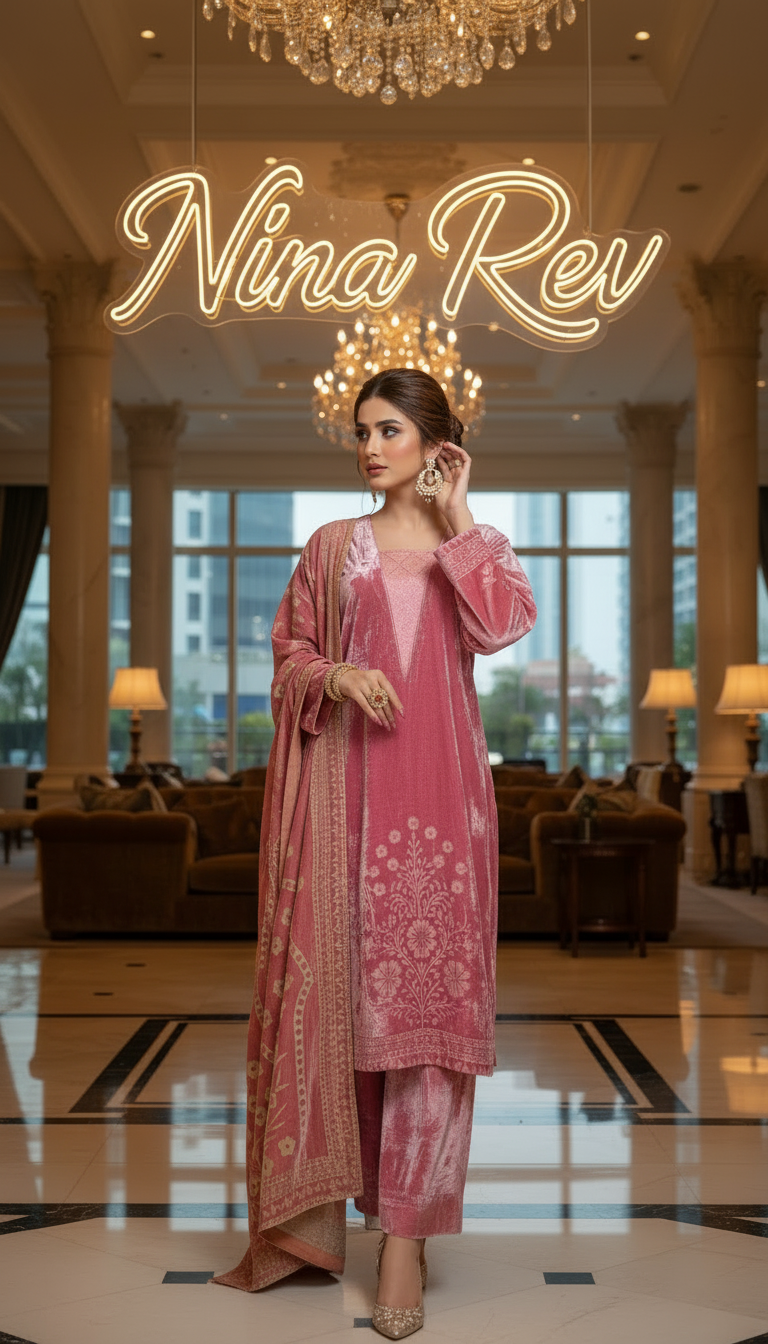 Fancy Pink French Velvet 3 Pcs Dress with Velvet Shawl