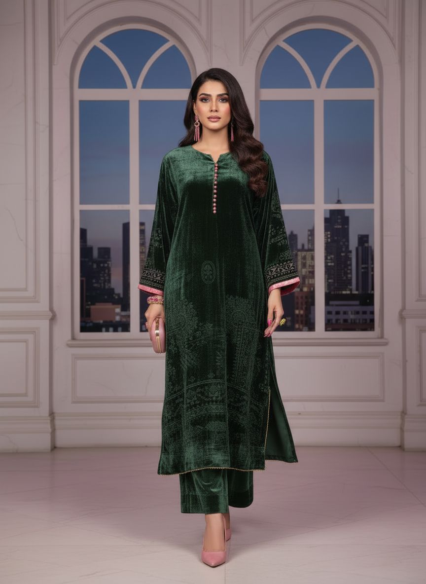 Pakeeza French Velvet Ready to Wear 2 pcs Kaftan with Palachi work