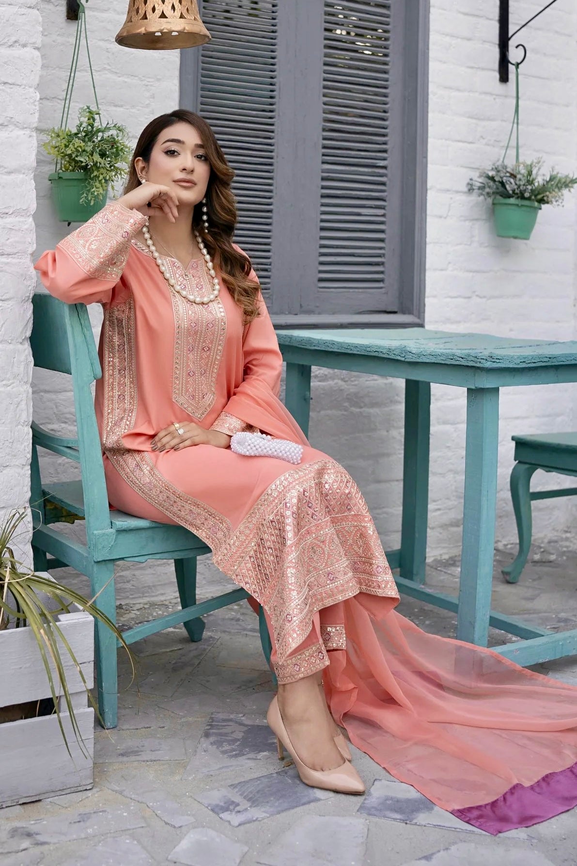 Pretty Peach Ready to Wear 3 Pcs Embroidered Dress