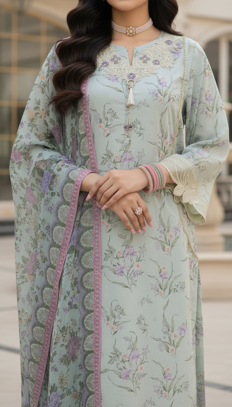 Lara mint Ready to Wear 3 Pcs Embroidered Dress