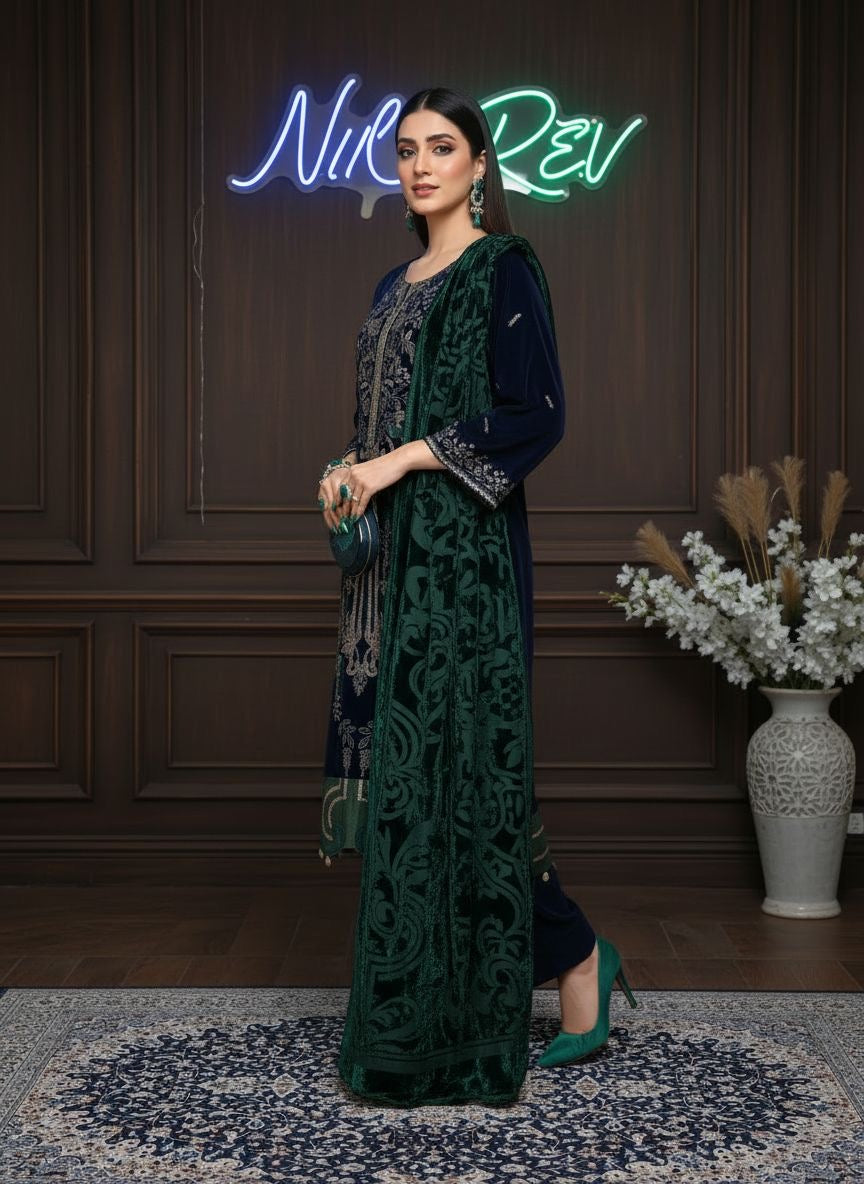 Khushbakht Velvet Ready to Wear 3 Pcs Embroidered Dress