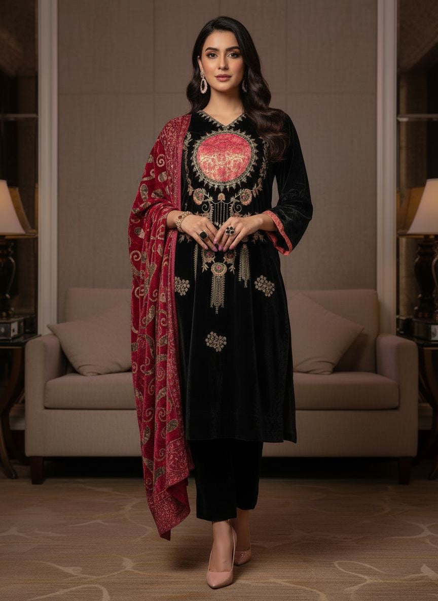 Hala Black Velvet Ready to Wear 3 Pcs Embroidered Dress