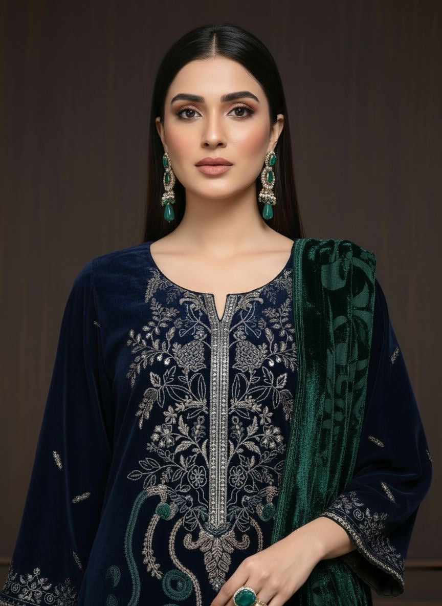 Khushbakht Velvet Ready to Wear 3 Pcs Embroidered Dress