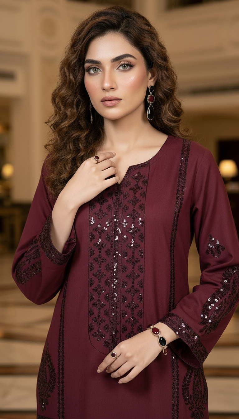 Lush Maroon fully embroidered 2 Pcs Dress