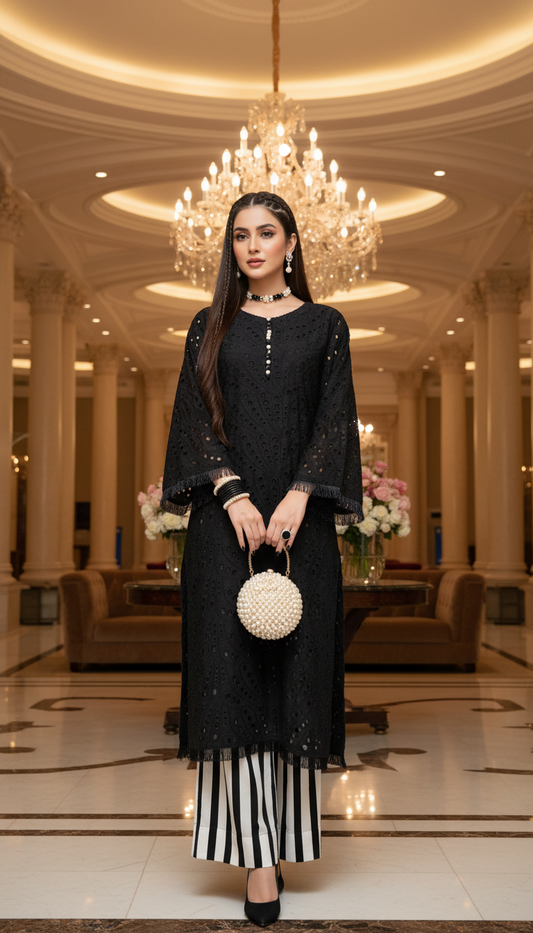 Black and White Chikankari Ready to Wear 2 Pcs Dress