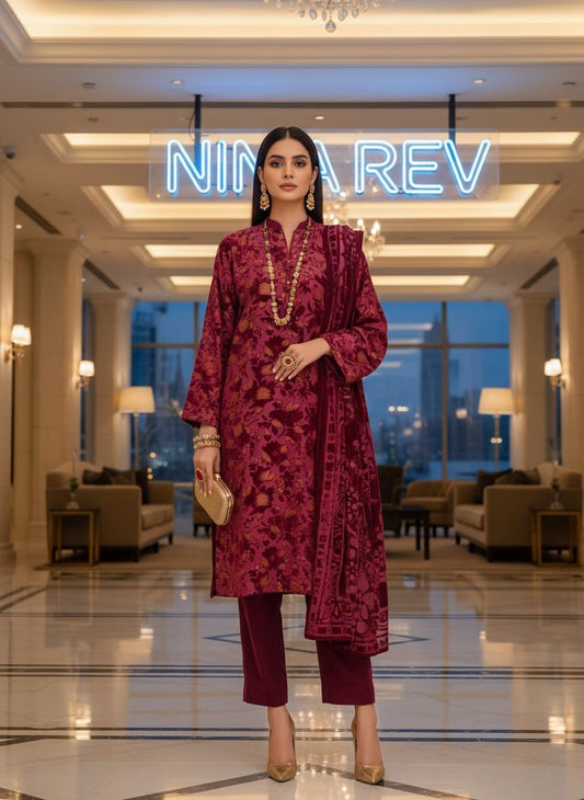 Full Maroon Palachi Ready to Wear 3 Pcs Dress