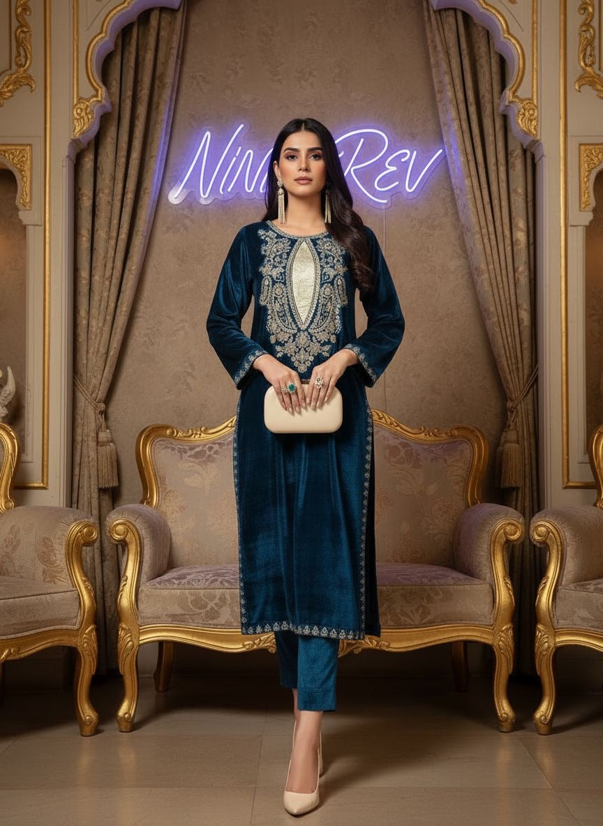 Husna Teal Velvet Ready to Wear 2 pcs Dress