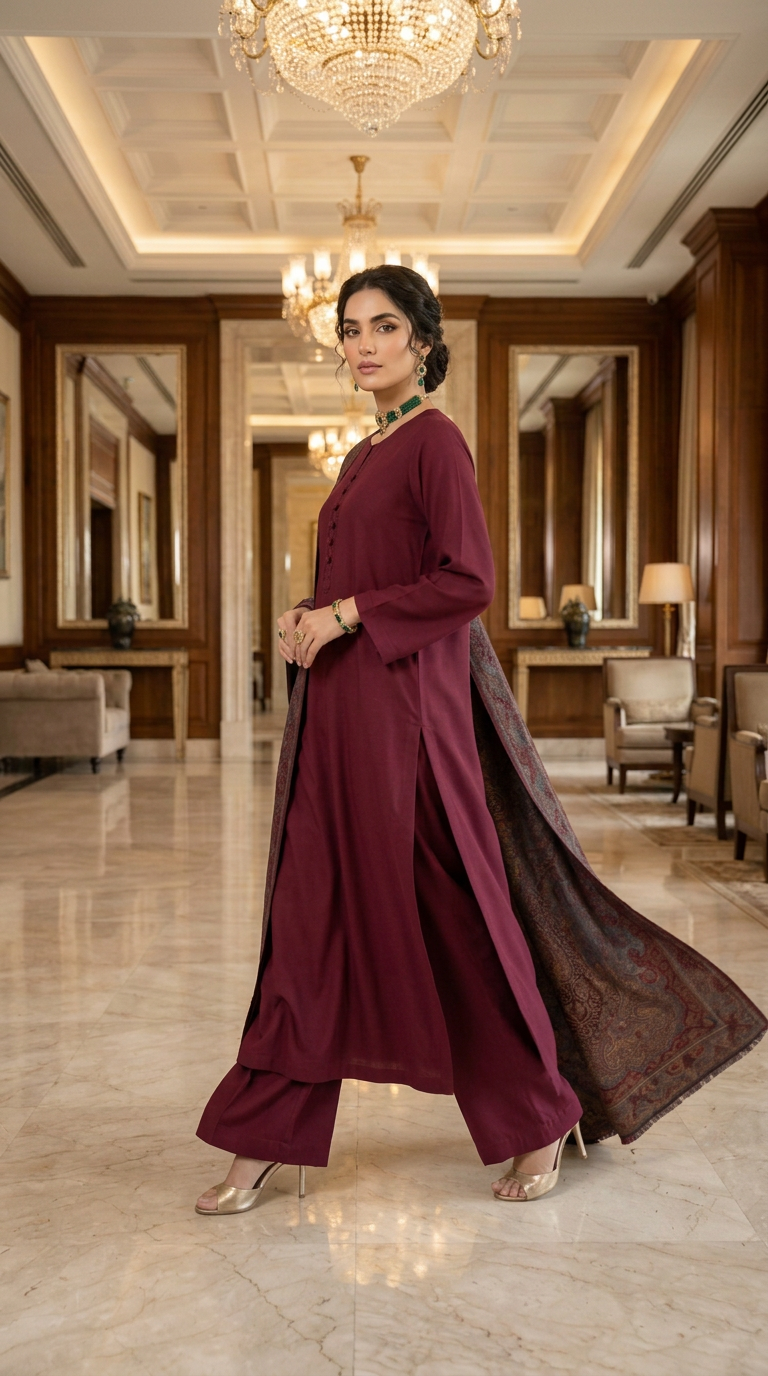 Rabail maroon Kani shawl Ready to Wear 3 Pcs Dress