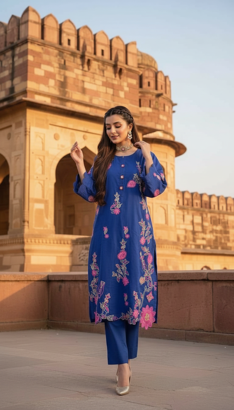 Amber Royal blue Embroidered 2 pcs Kaftan
