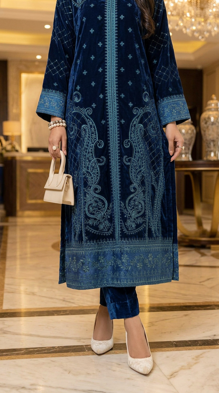 Lazen Navy Velvet Embroidered 2 Pcs Dress