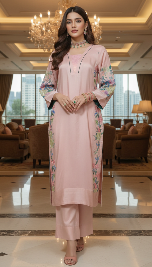 Rani Tea Pink Raw Silk Ready to Wear 2 Pcs Embroidered Dress