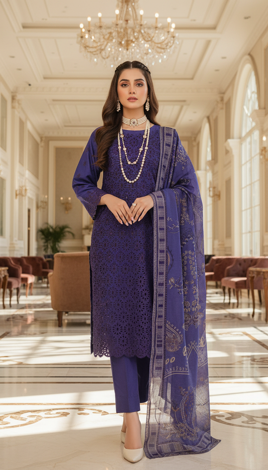 Navvya Purple Full Chikankari Ready to Wear 3 Pcs Dress