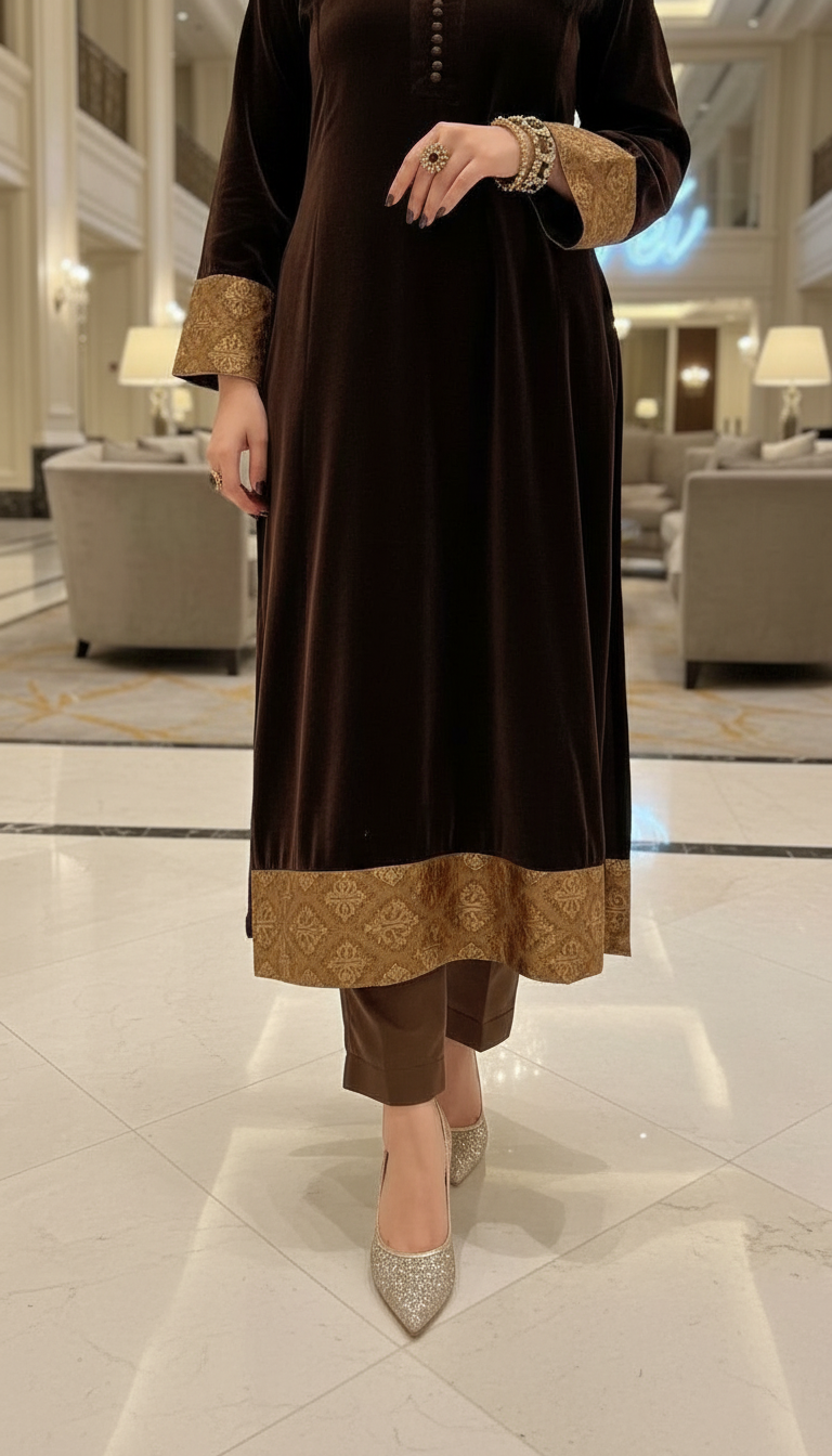 Milani Brown Velvet Ready to Wear 3 Pcs Dress with Velvet shawl
