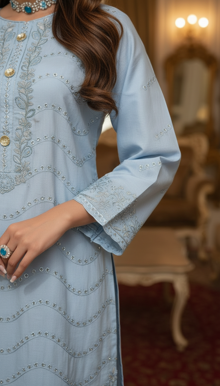 Sky Blue Chikankari Ready to Wear 3 Pcs Embroidered Dress