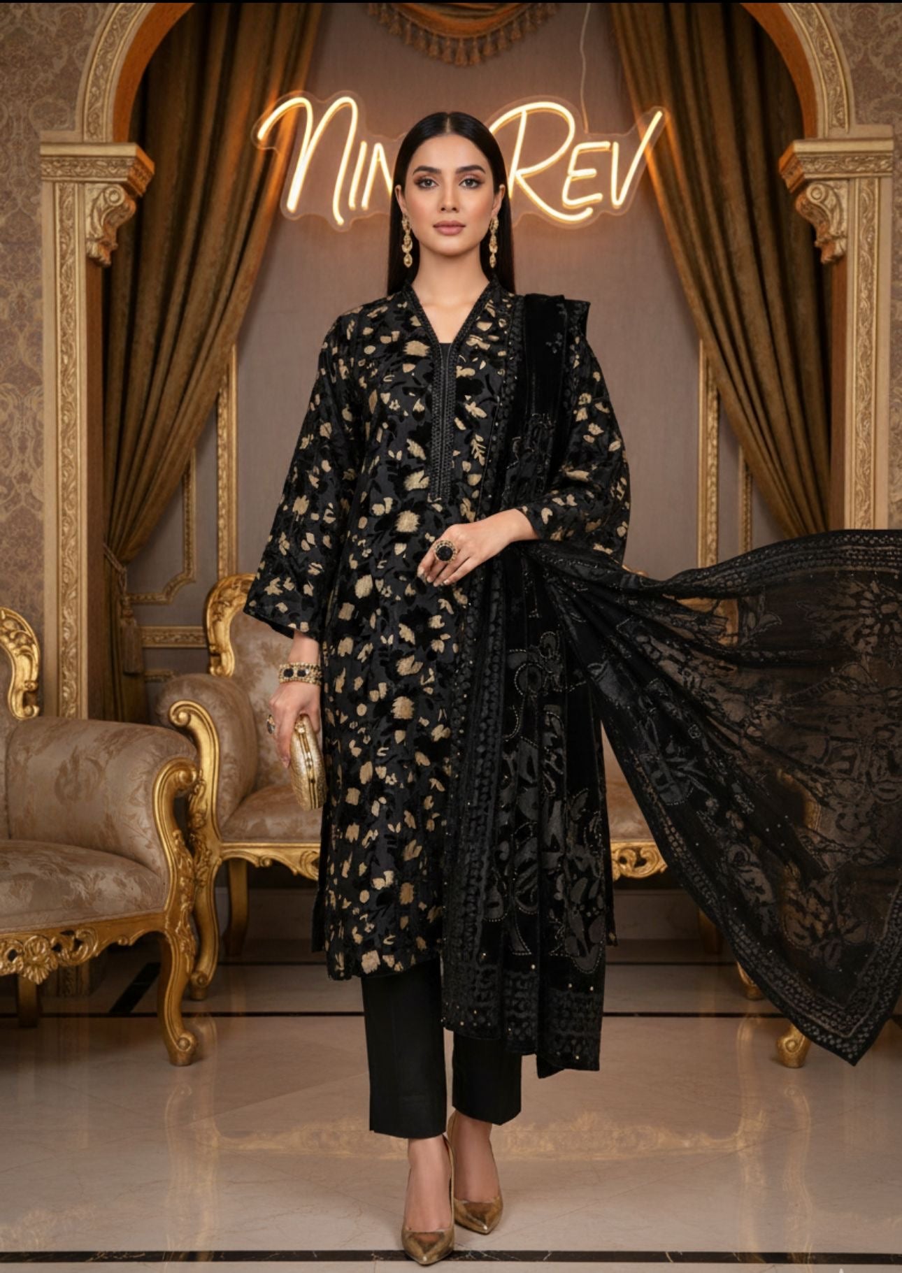 Full Black Palachi Velvet Dress with Palachi Shawl and Velvet Trouser