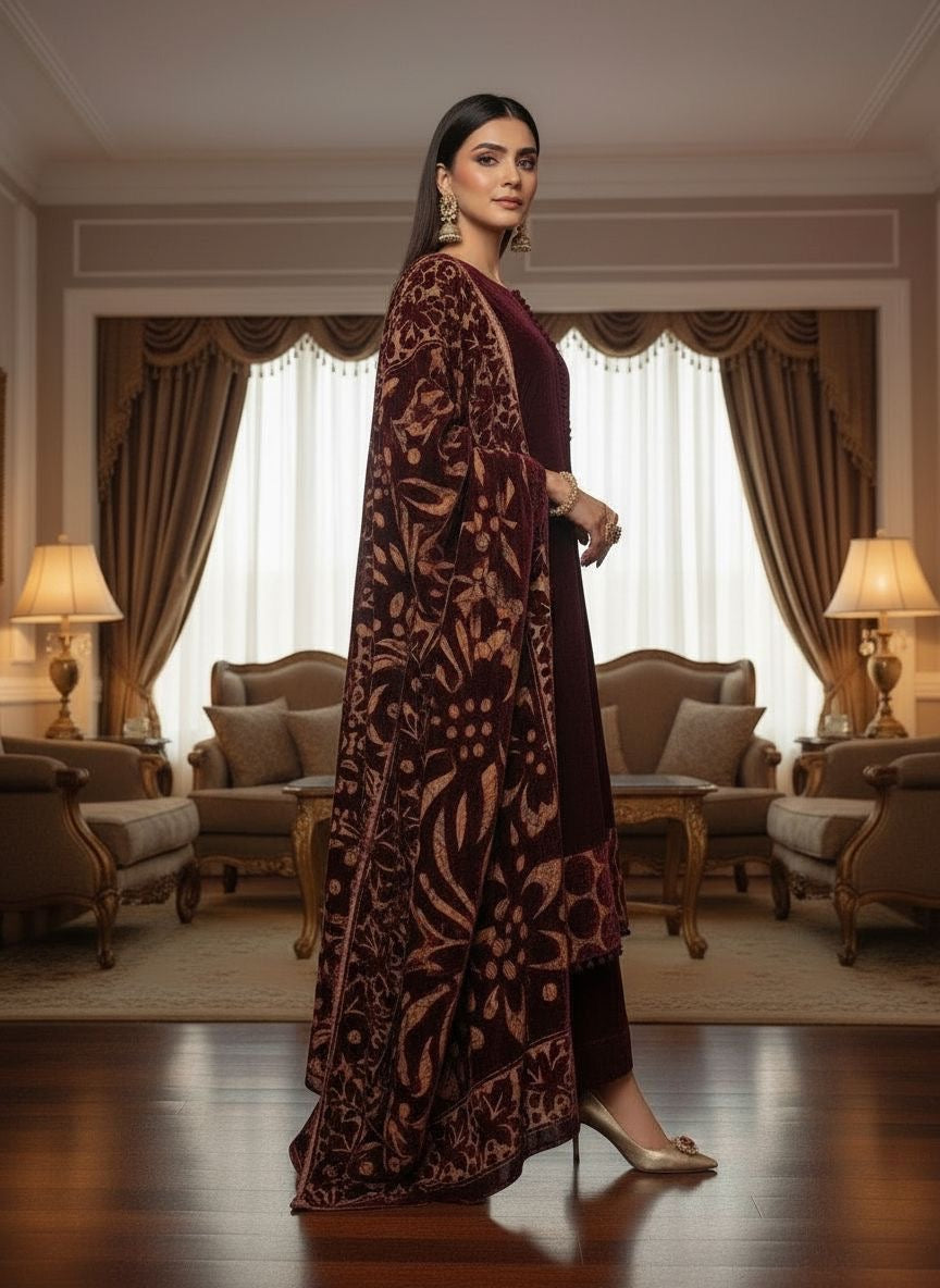Aroosa Maroon Velvet Ready to Wear 3 Pcs Dress