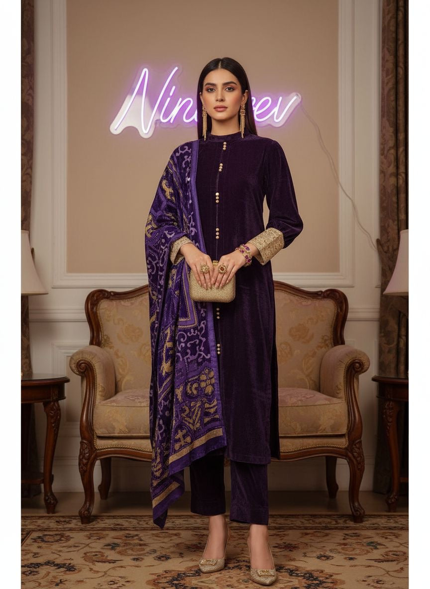 Purple Velvet De Luxe 3 Pcs Dress with Palachi shawl