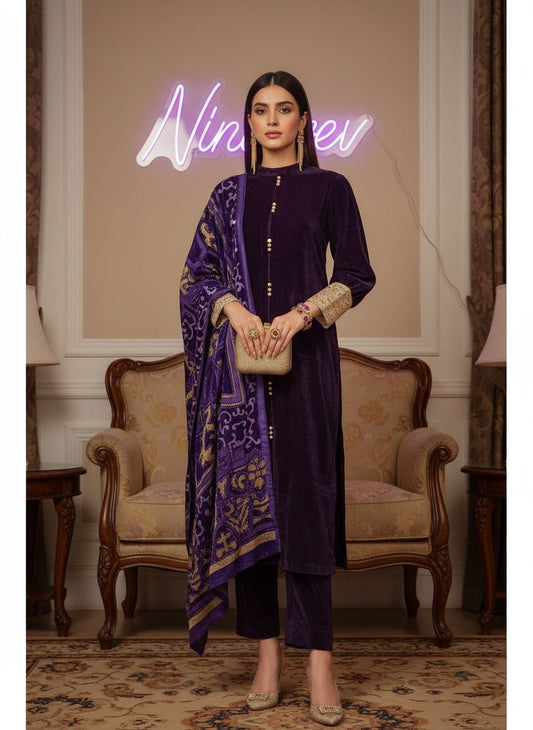 Purple Velvet De Luxe 3 Pcs Dress with Palachi shawl