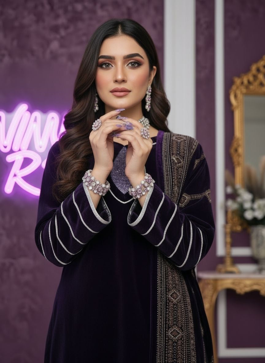 Umsha Purple Velvet  Ready to Wear 3 Pcs Dress with Velvet Shawl