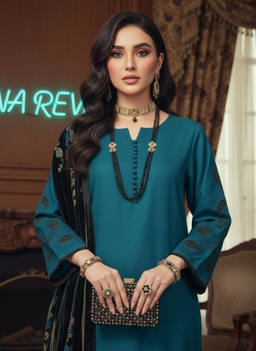 Mahira Teal Ready to Wear 3 Pcs Embroidered Dress