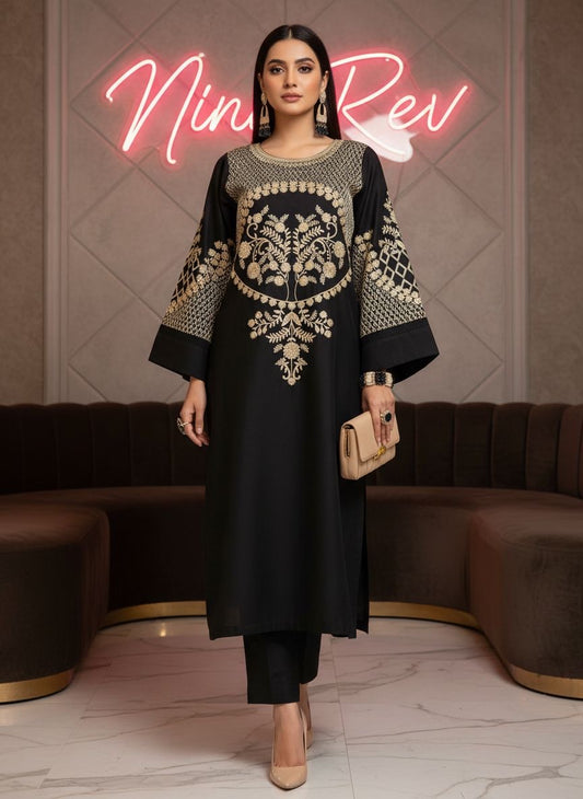 Merab Black Ready to Wear 2 Pcs Embroidered Dress