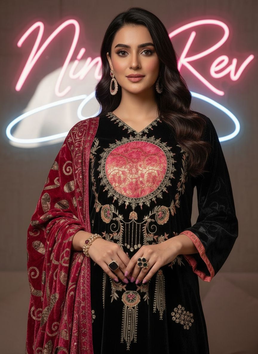 Hala Black Velvet Ready to Wear 3 Pcs Embroidered Dress