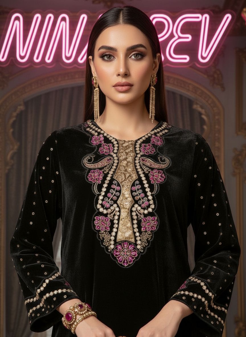 Black Galaxy Velvet Ready to Wear 2 Pcs Embroidered Dress